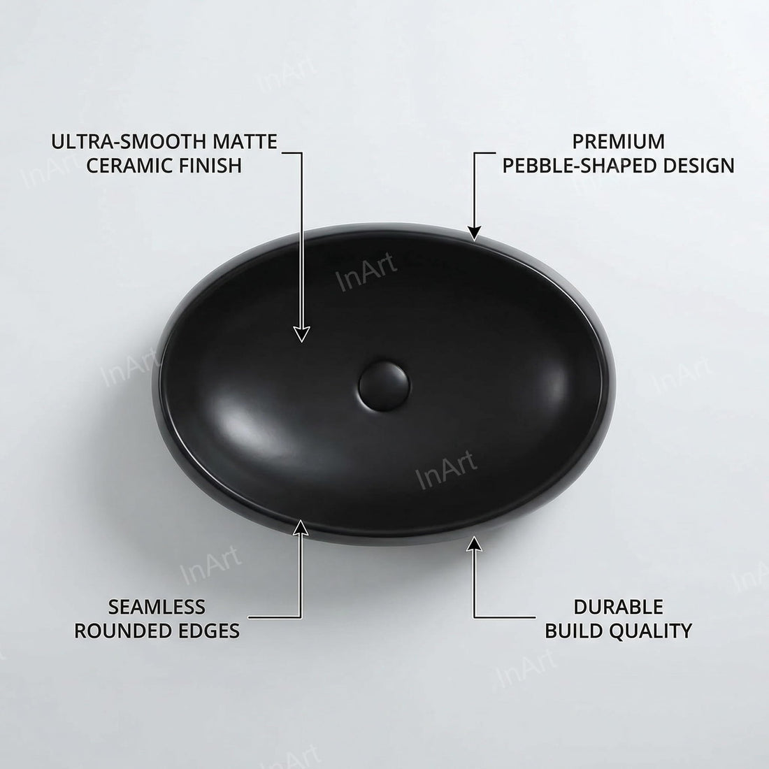 InArt modern contemporary bathroom sink, matte black ceramic rectangular table top wash basin 24 inch