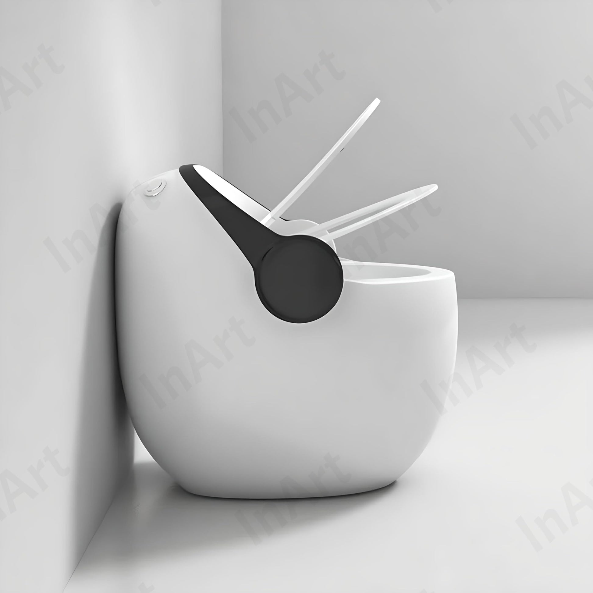 InArt white and black commode in modern bathroom interior, floor mounted ceramic western toilet look