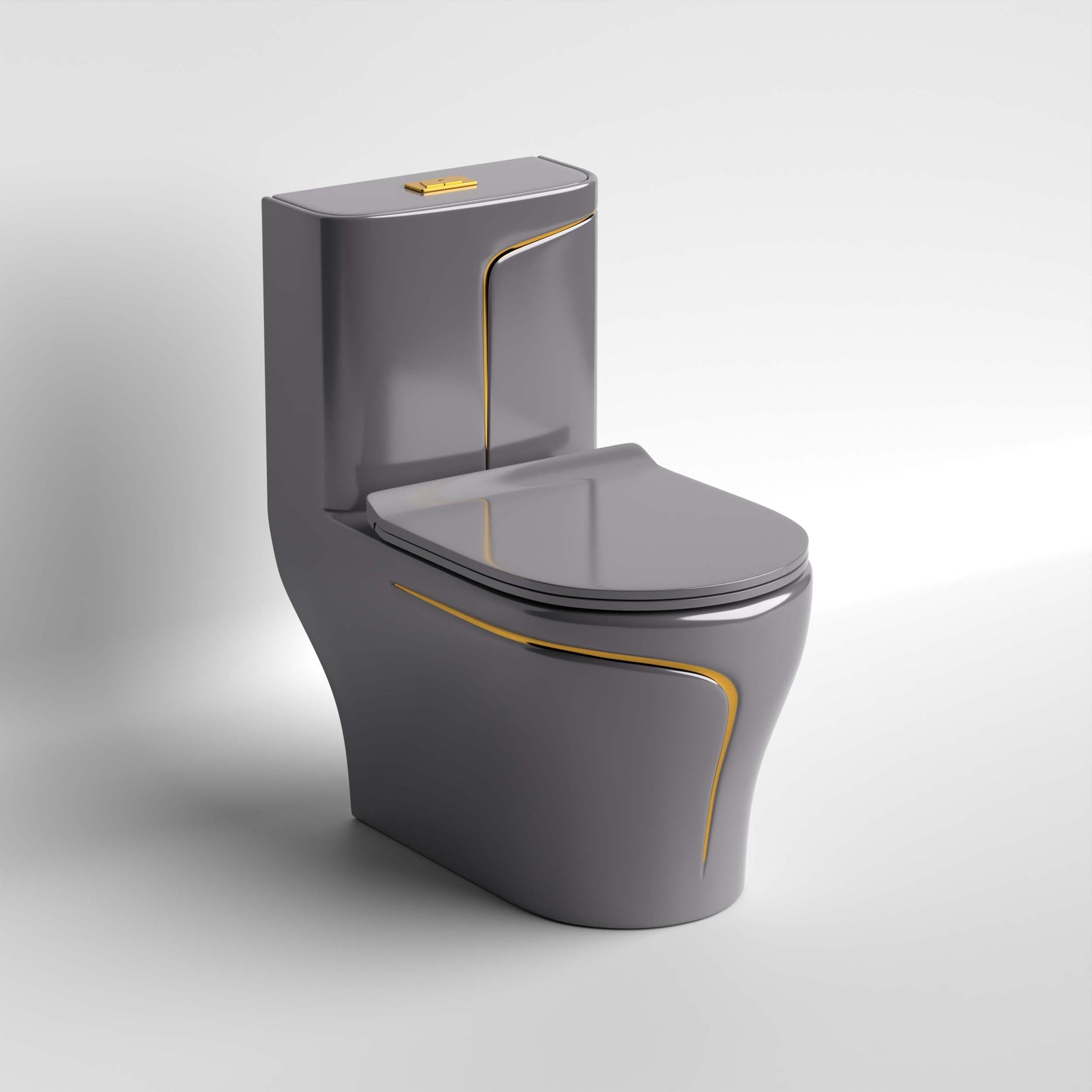 InArt ceramic one piece western toilet in glossy grey, oval rimless syphonic floor mounted commode front view