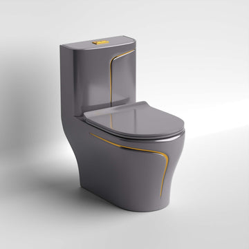 InArt ceramic one piece western toilet in glossy grey, oval rimless syphonic floor mounted commode front view