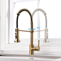 Close-up of InArt kitchen mixer tap with pull out spray, multi-function spray head in brushed gold