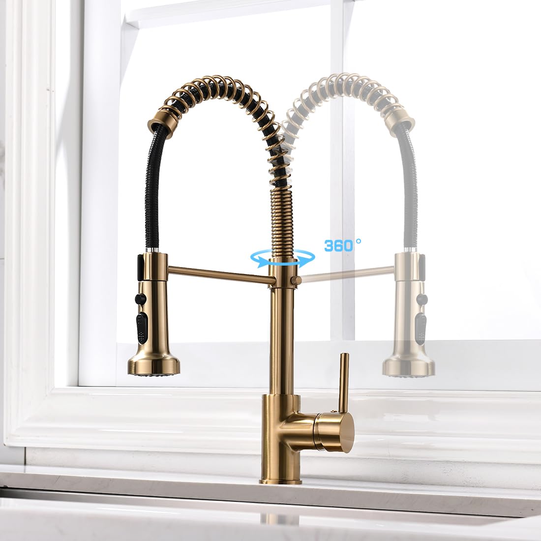 Close-up of InArt kitchen mixer tap with pull out spray, multi-function spray head in brushed gold
