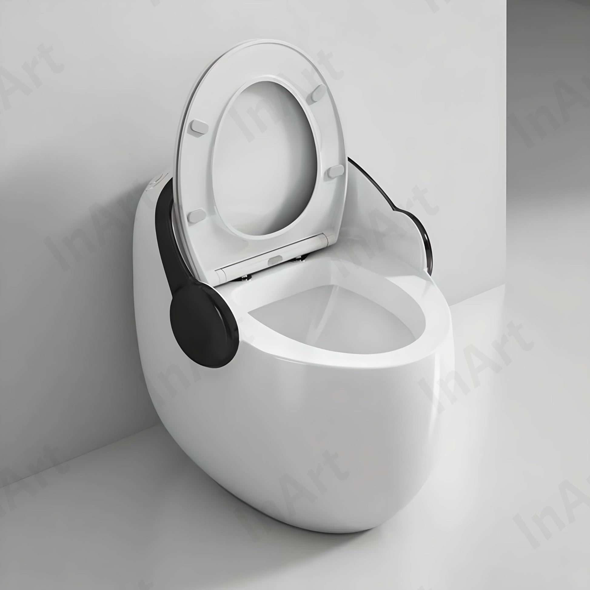Black and white western toilet with oval egg shape bowl, modern floor mounted ceramic commode