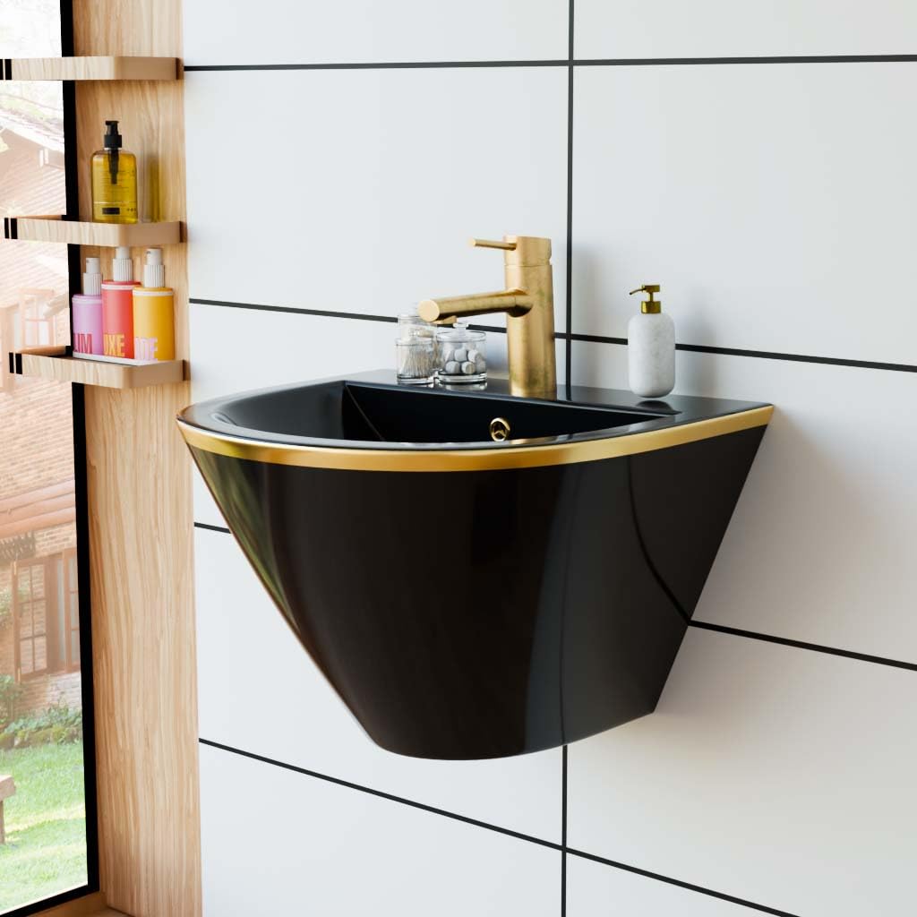 InArt ceramic wall mounted wash basin price option, rectangular black wash basin with gold line, front view