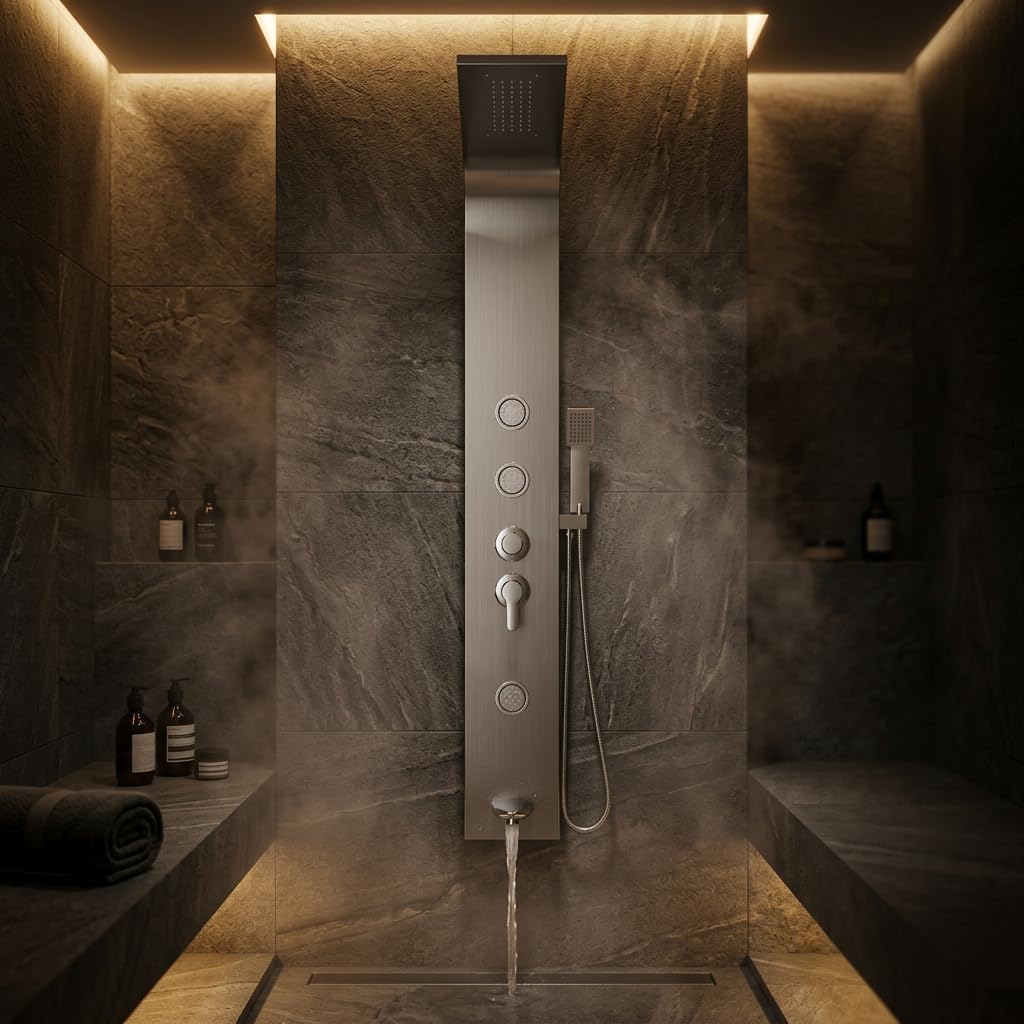 InArt shower panel set in stainless steel rectangular brushed chrome finish, front view with rainfall head and jets