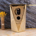 Dining hall wash basin design inspiration with round pedestal basin, white and gold glossy look