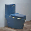 S trap one piece toilet 12 inch outlet, glossy blue ceramic floor mounted water closet bottom view