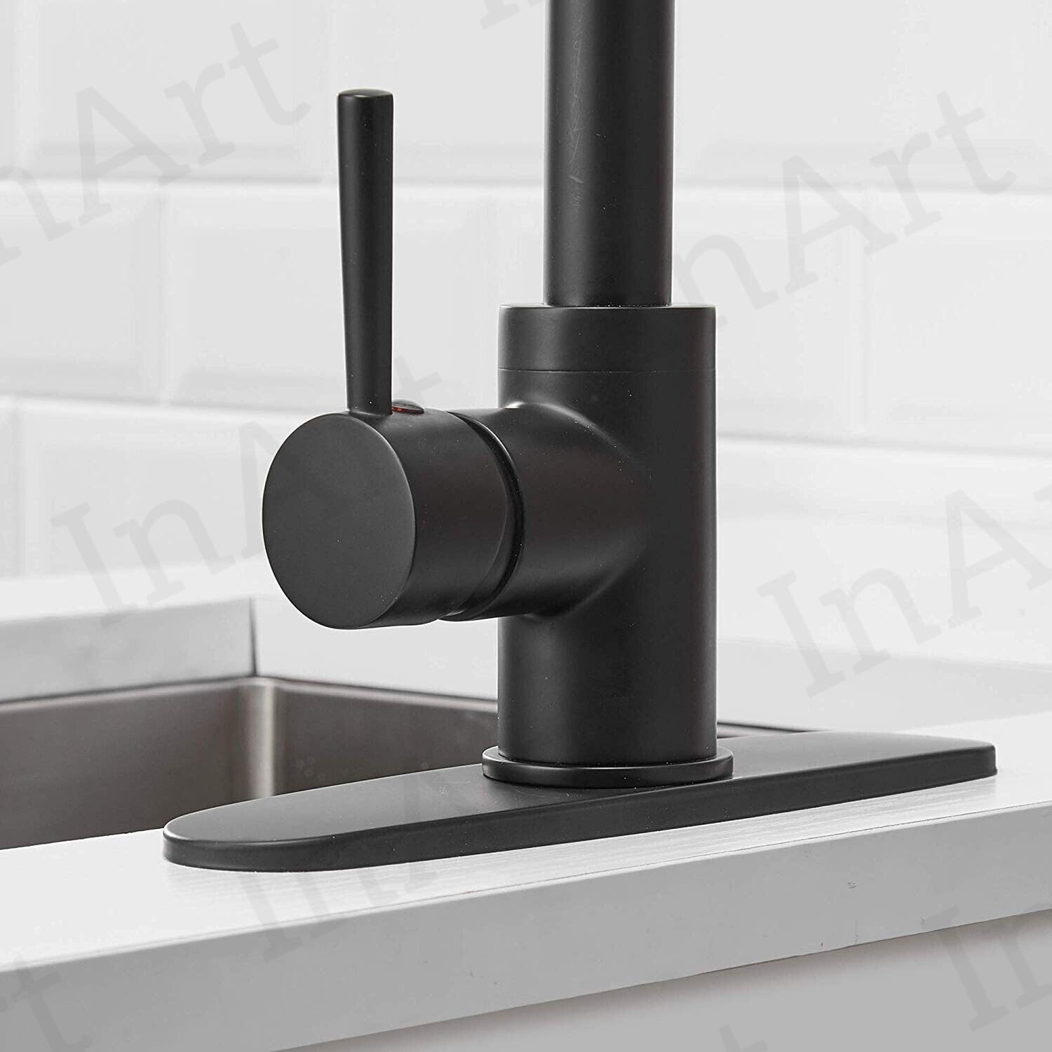InArt kitchen sink faucet with pull down sprayer showing hot and cold water mixer lever in matte black