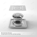 Designer washroom drain cover with slotted pattern, 5x5 inch square stainless steel floor trap