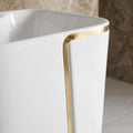 Ceramic one piece pedestal wash basin with smooth glossy finish, round bowl and full pedestal, detail view