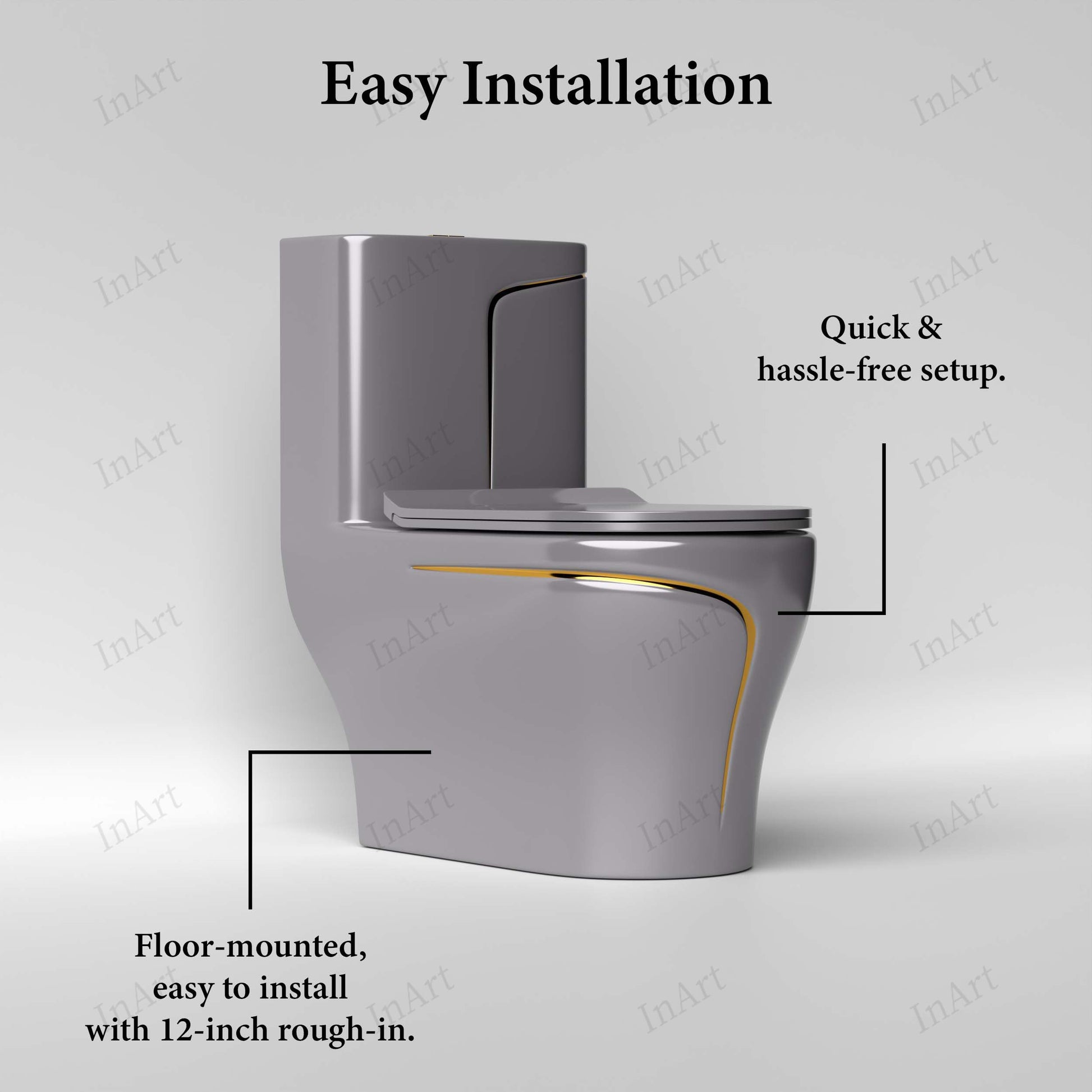 InArt glossy grey western commode with rimless syphonic flush, close-up of bowl and seat for premium sanitaryware
