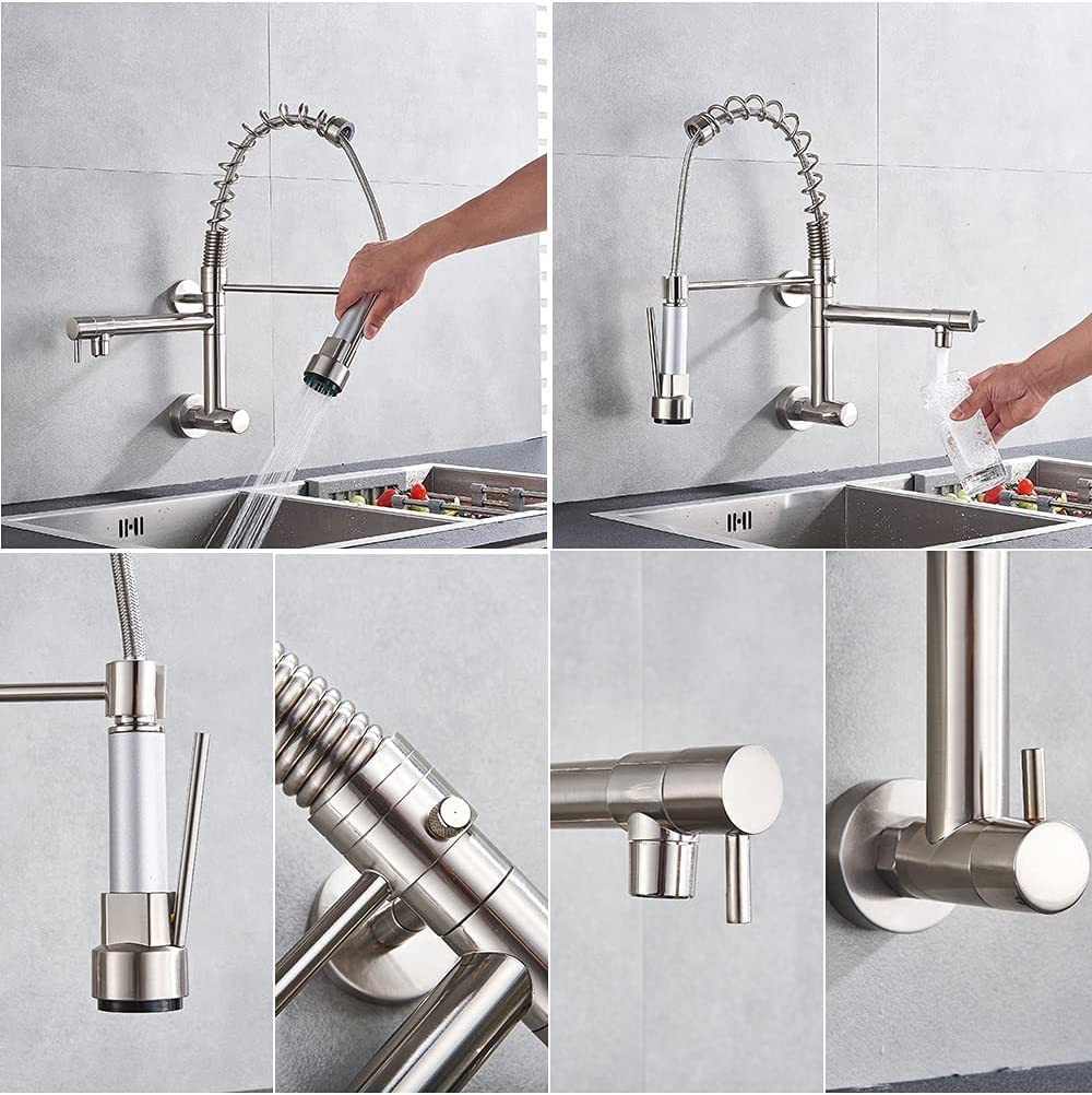 InArt wall mounted kitchen sink tap in chrome brass with 360° swivel spout and pull-down sprayer, front view