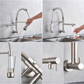 Wall mount kitchen sink faucet in chrome finish with single lever control, angled side view