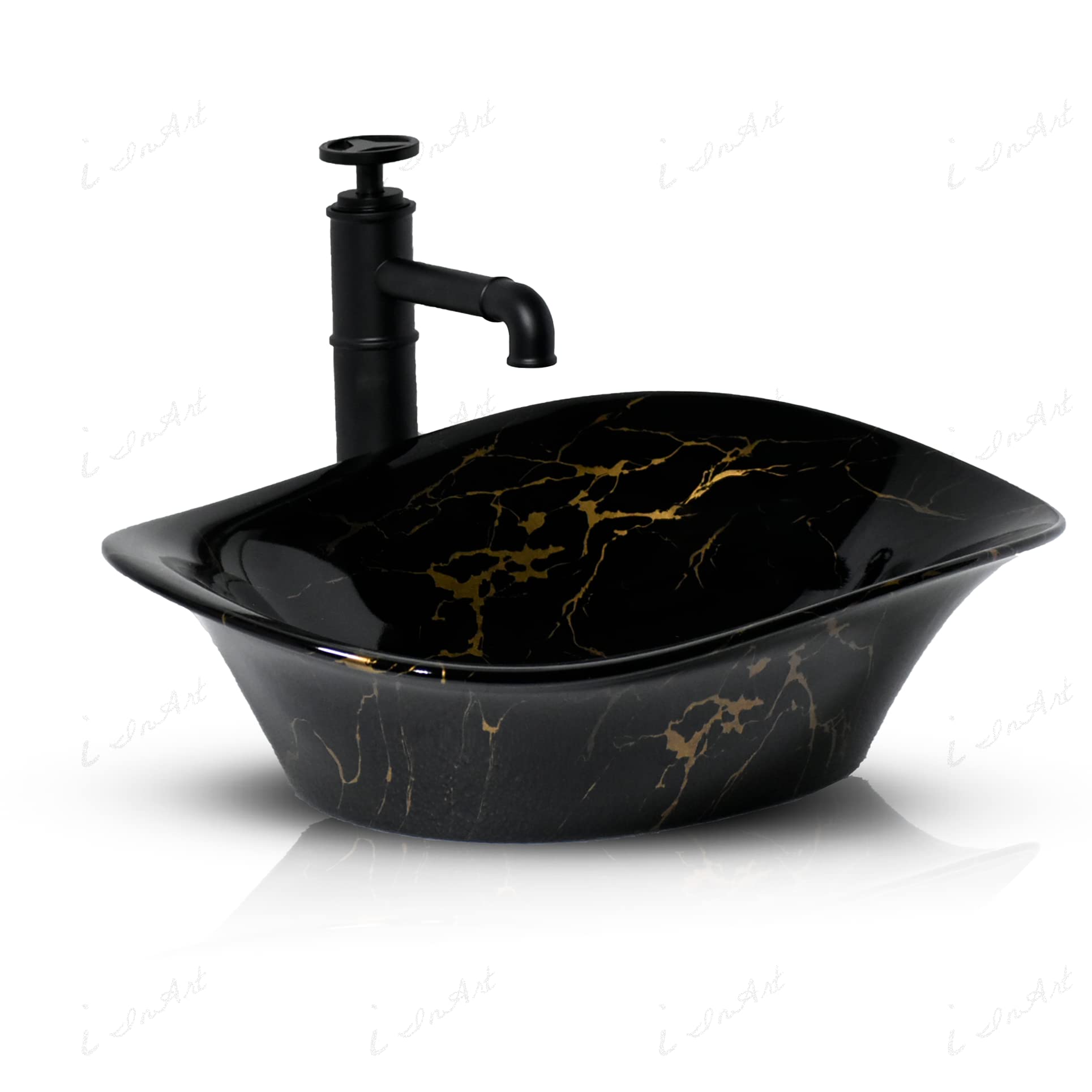 InArt designer wash basin table top design in black gold ceramic, rectangular counter basin, top angle view
