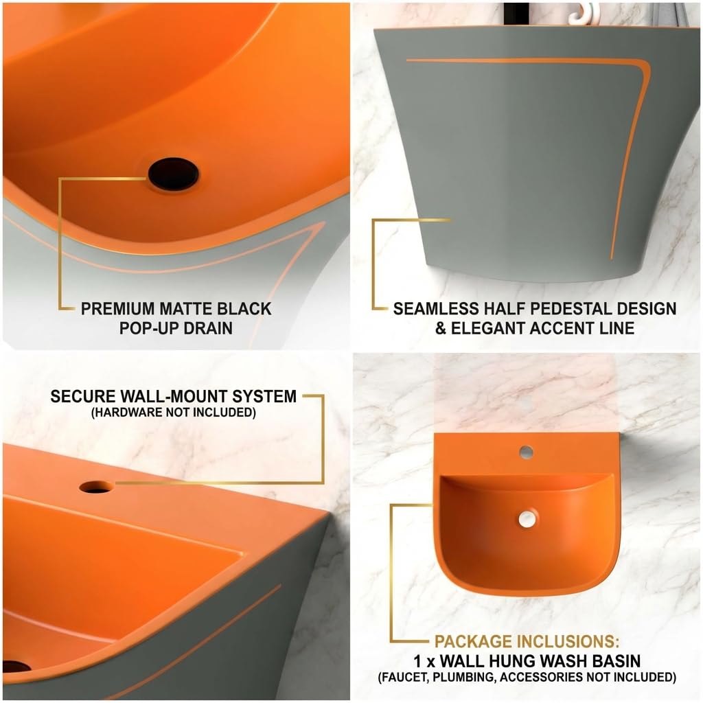 Rectangular ceramic hand wash basin for bathroom, slim rim wall mounted half pedestal, side angle