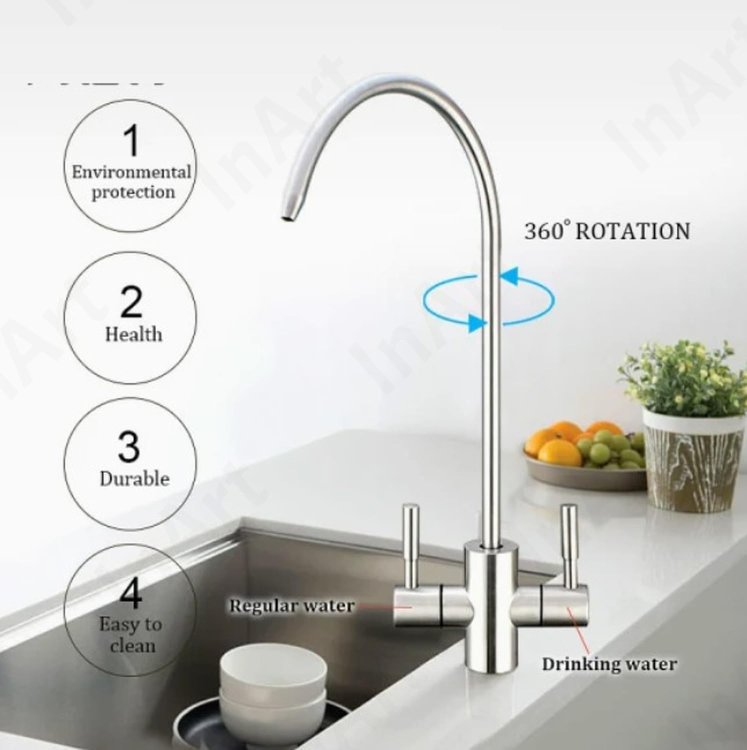 Kitchen sink drinking water tap in brushed nickel, dual outlet design for RO and regular water, close detail