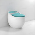 InArt single piece commode in oval ceramic white and blue finish with soft close seat, front view