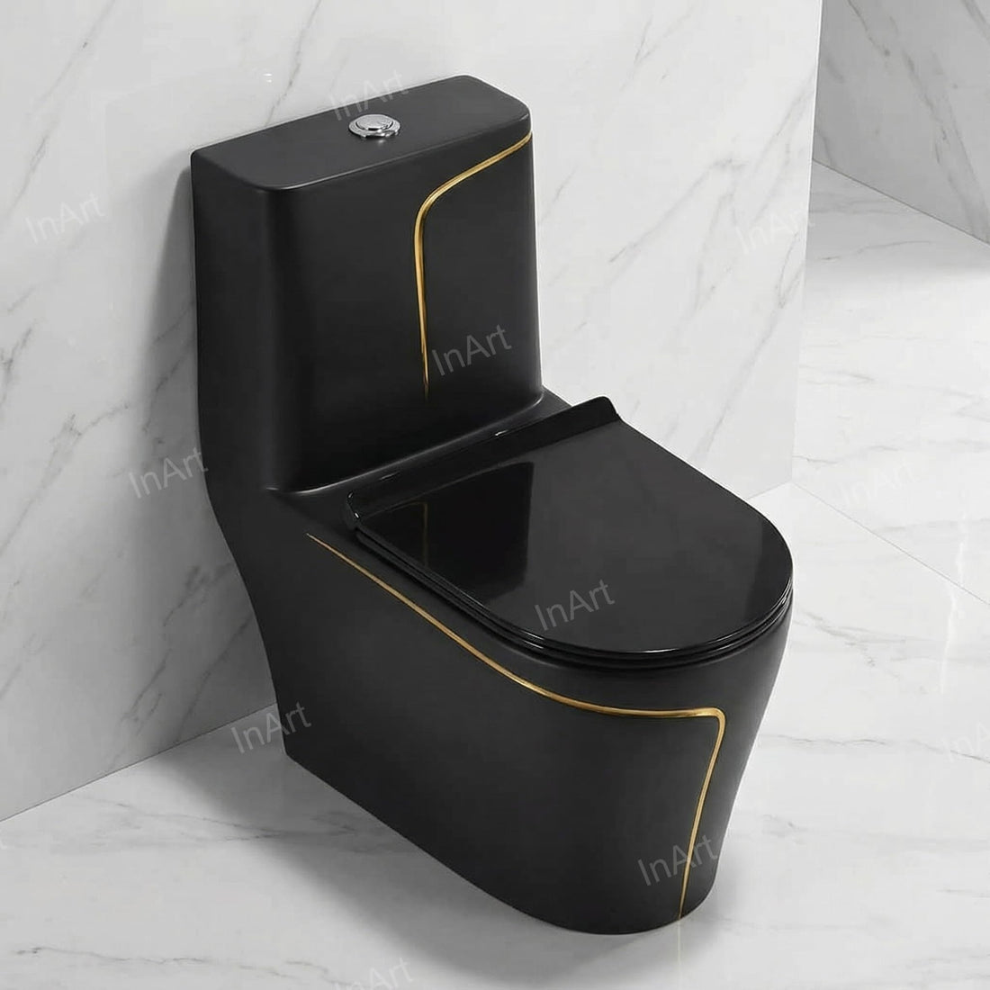 One piece ceramic western toilet in glossy black gold finish, floor mounted design