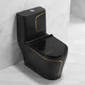Oblong floor mounted commode with wall outlet P-trap connection view