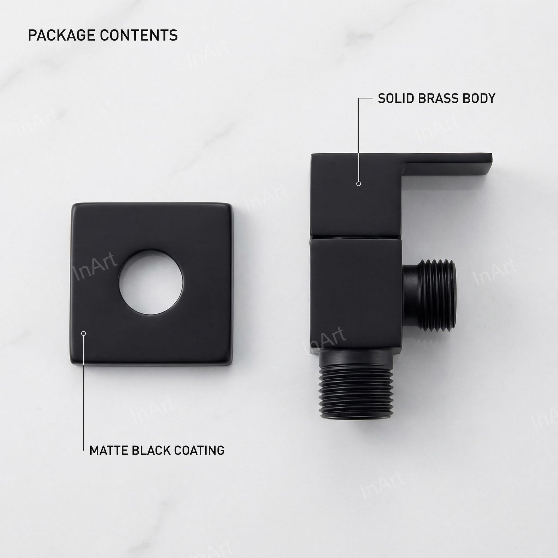 Wall mounted angle valve brass in matte black, side view with wall flange for wash basin tap connection