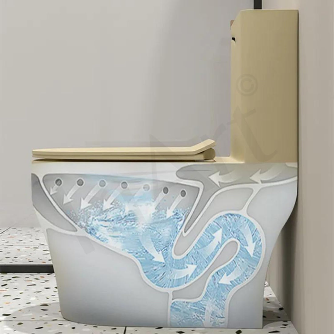 InArt floor mounted european water closet in glossy khakhi ceramic with dual flush cistern, front view