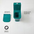 Modern bathroom interior with green single piece western commode, rectangular floor mounted toilet for stylish washroom