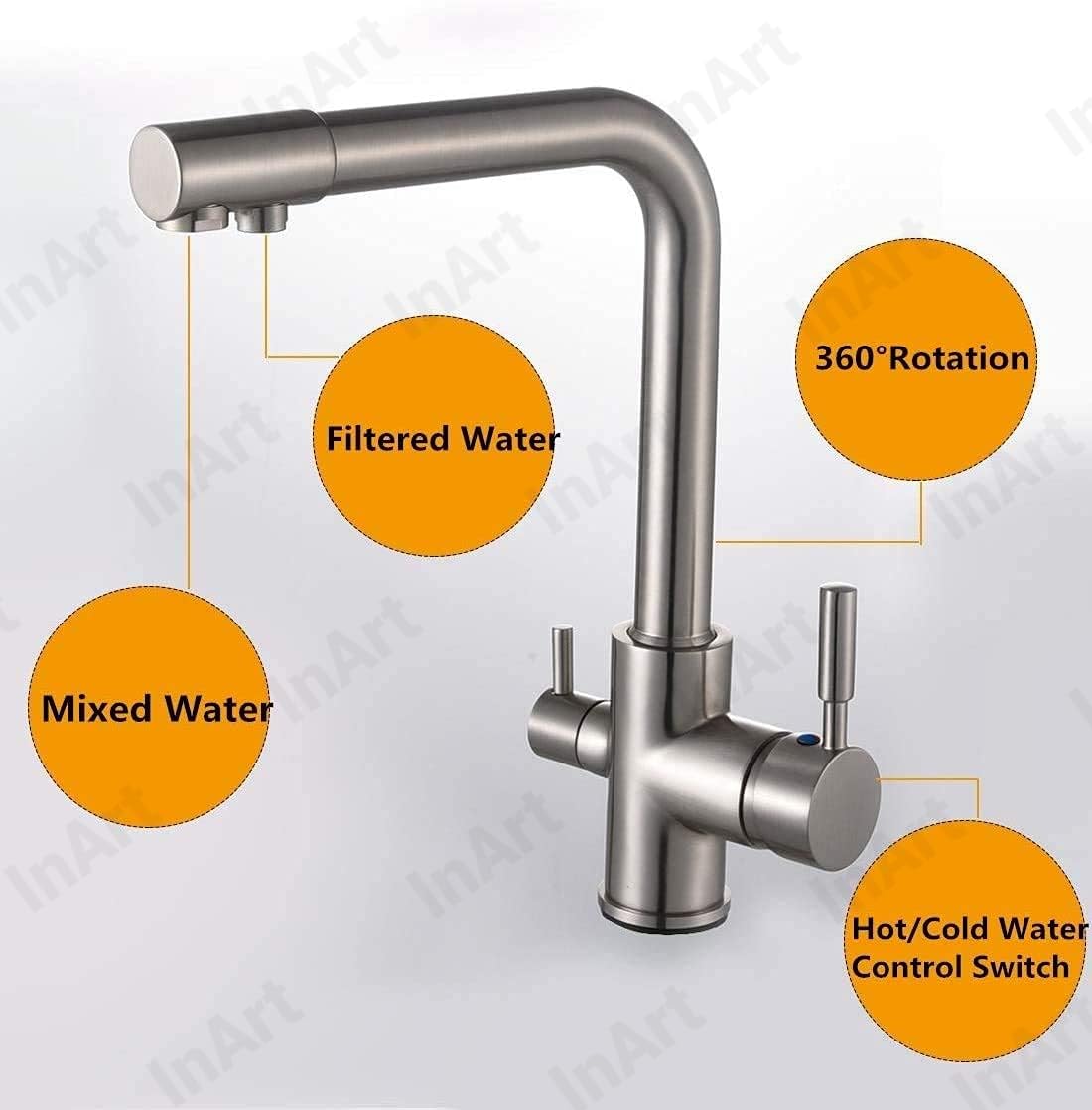 Hot and cold water tap for kitchen sink with 360° swivel gooseneck spout, brushed chrome finish
