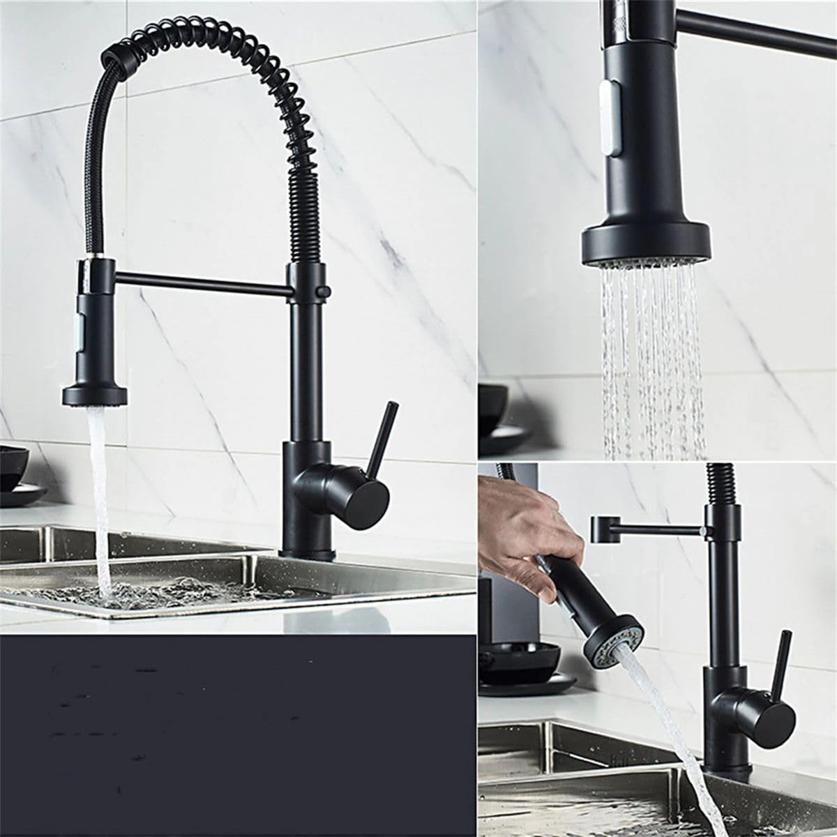 Kitchen mixer tap with pull out spray installed on sink, matte black brass tap for Indian modular kitchen