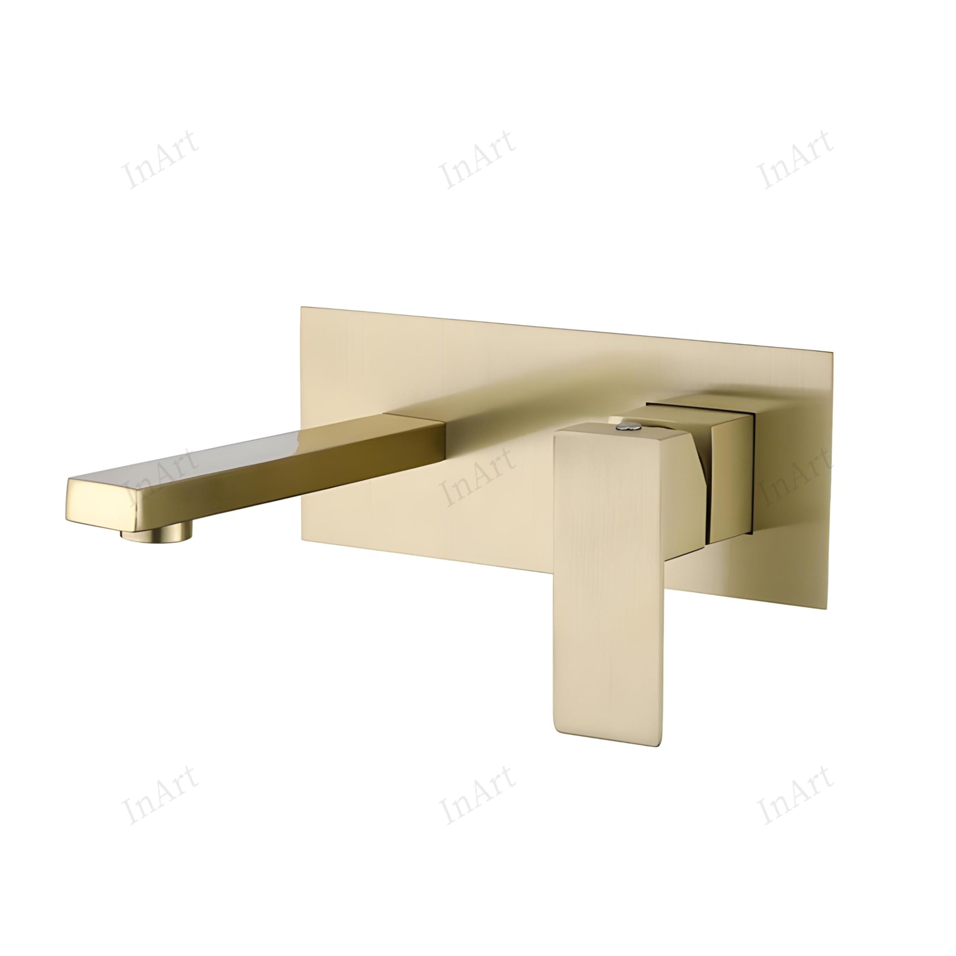 Single lever basin mixer wall mount in brushed gold, detail of back plate and hot cold markings