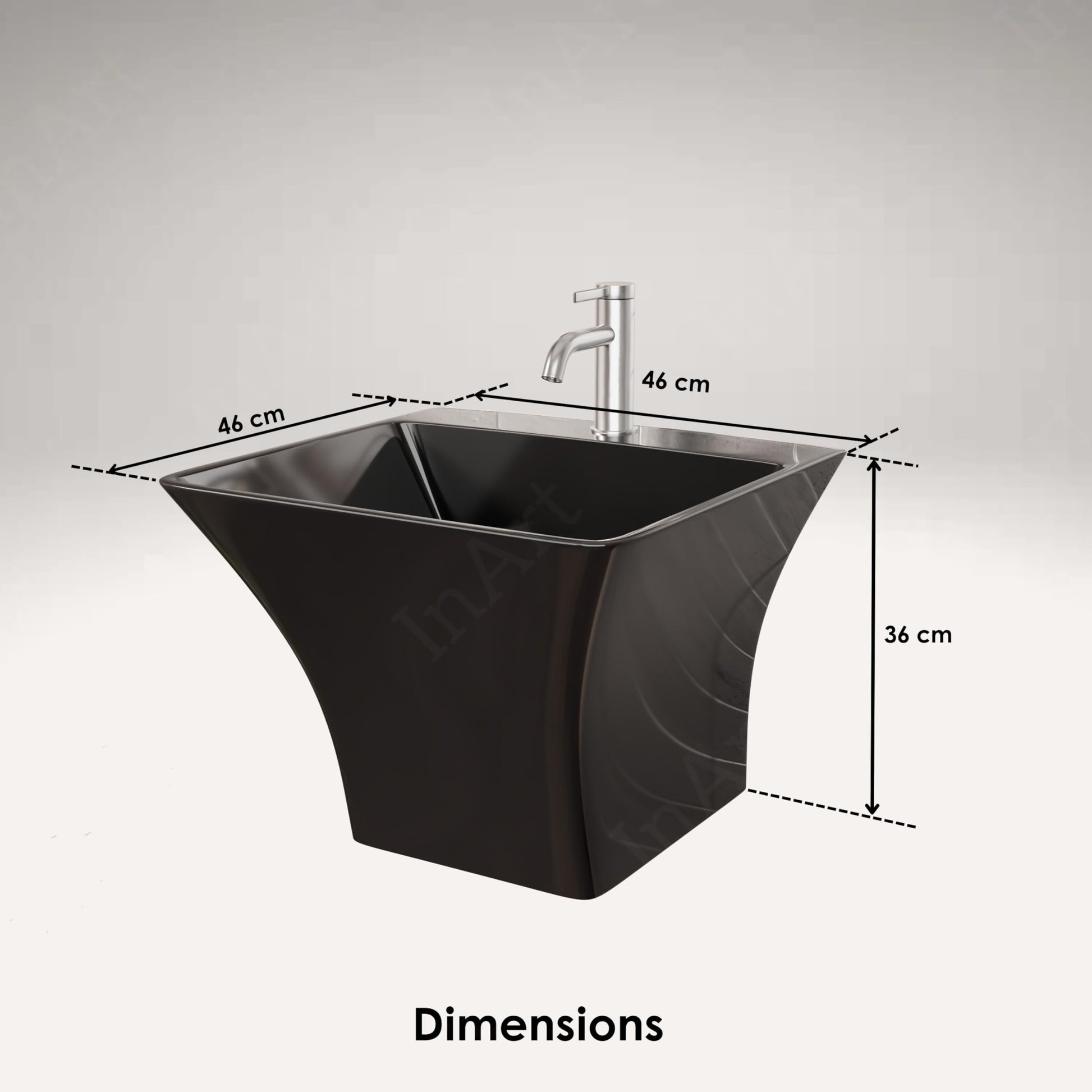 InArt ceramic wash basin design, polished black rectangular basin with half pedestal, angled view