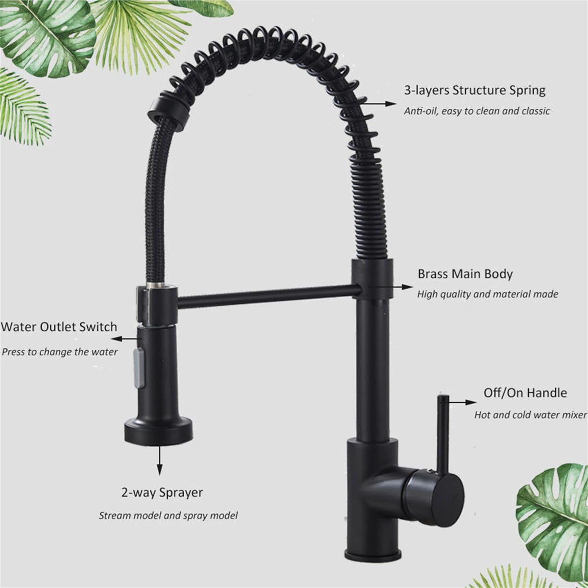 InArt black kitchen mixer tap with sprayer, single lever handle close-up for hot and cold water control