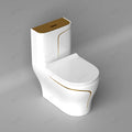 Ceramic western toilet seat close-up showing golden accents and elongated rectangular one piece WC design