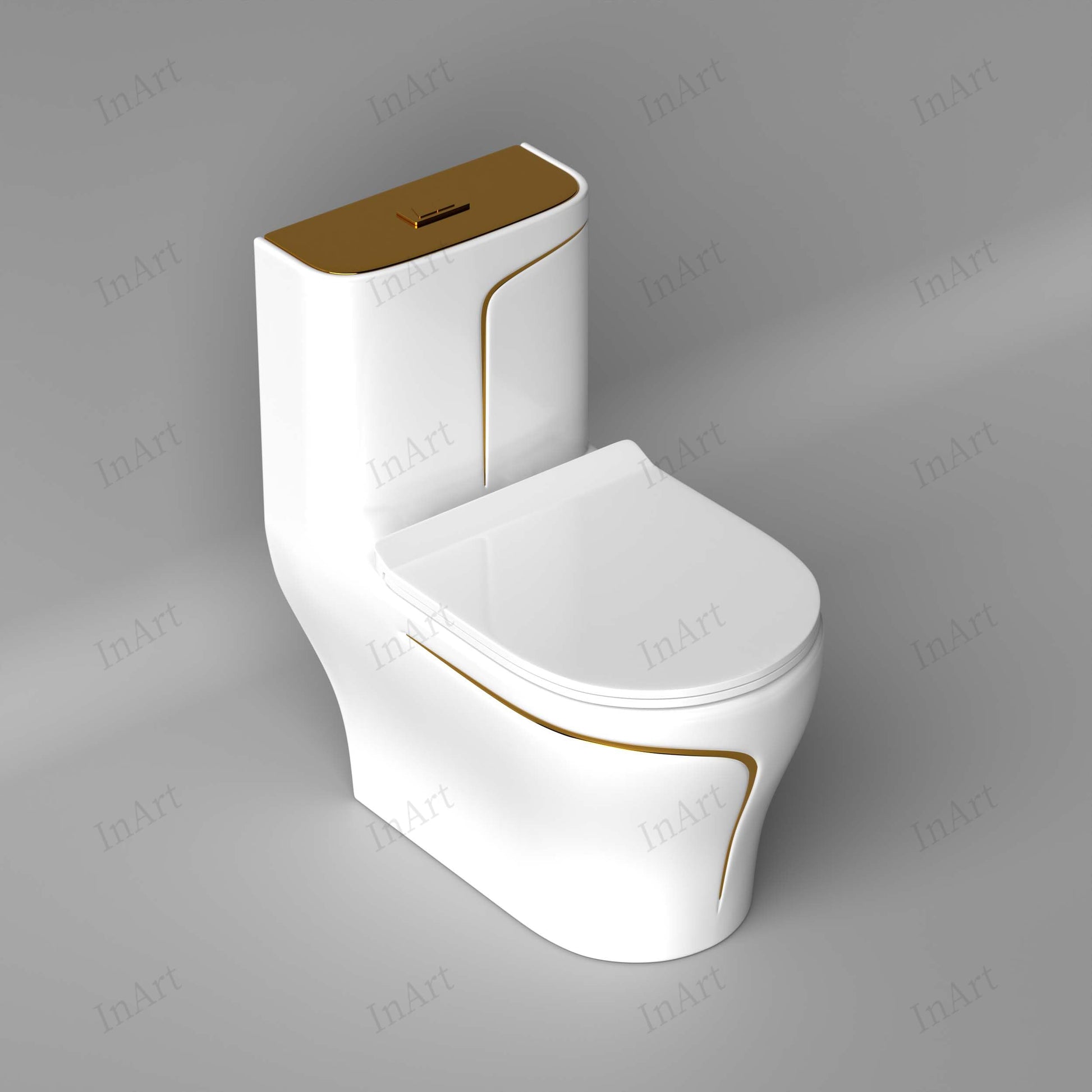 Ceramic western toilet seat close-up showing golden accents and elongated rectangular one piece WC design