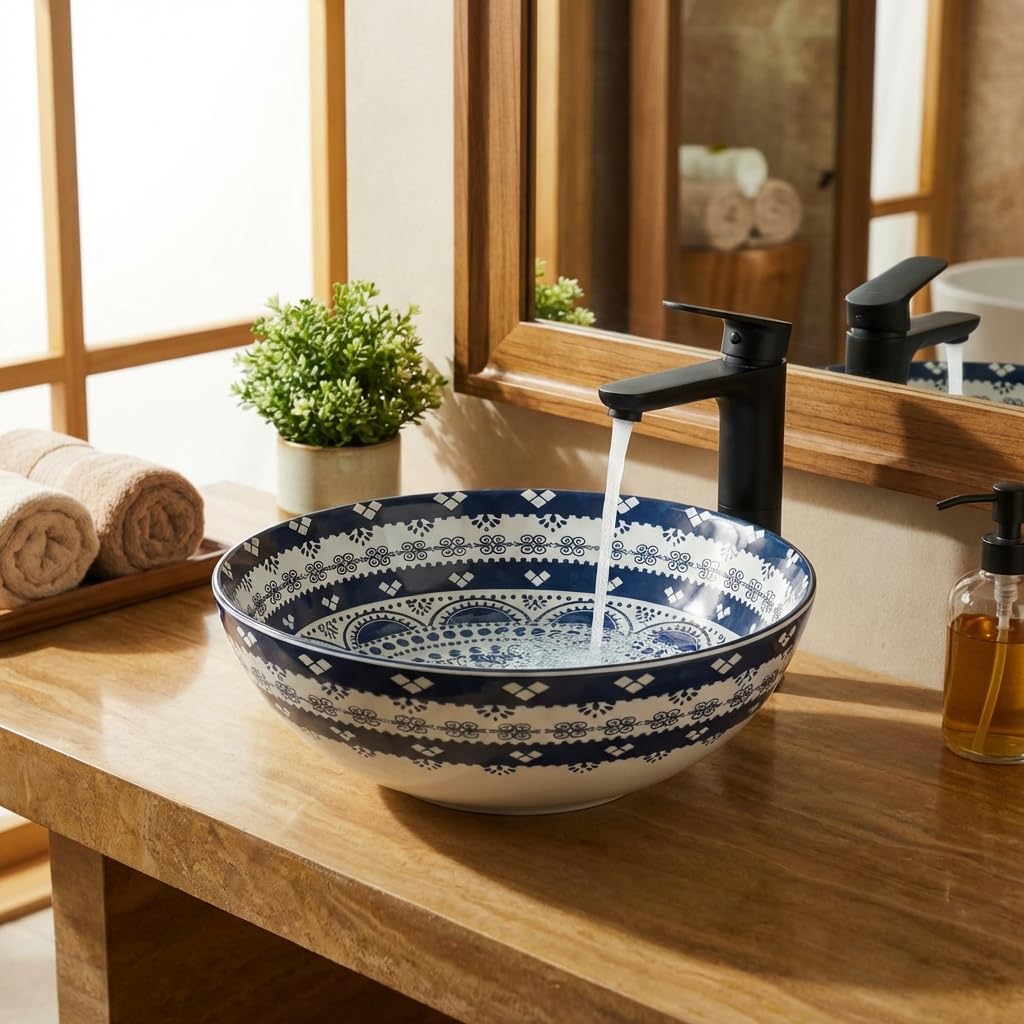 InArt ceramic table top wash basin, round Mexican blue glossy finish, premium bathroom basin