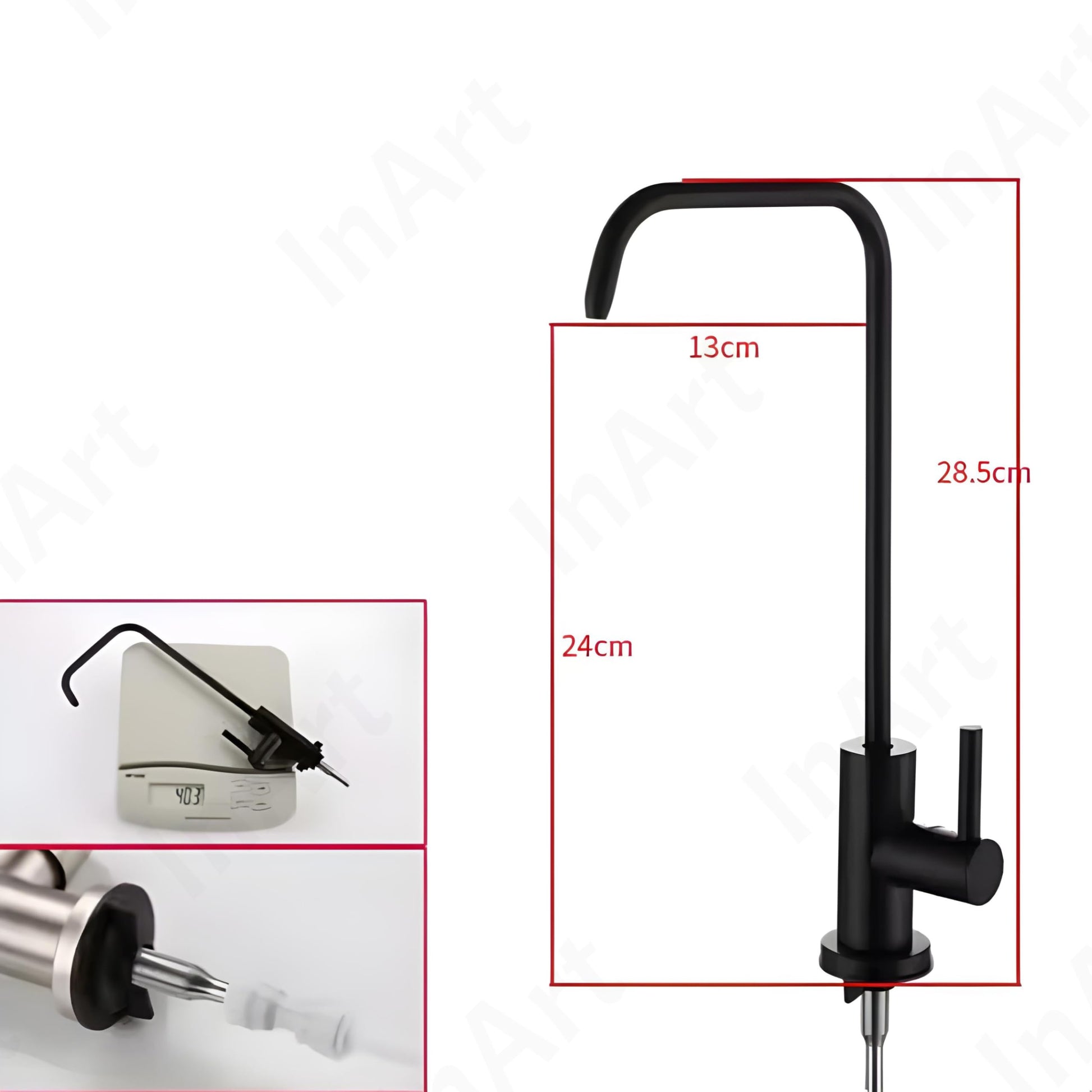 Matte black reverse osmosis tap for kitchen sink, square SS304 drinking water tap angled view