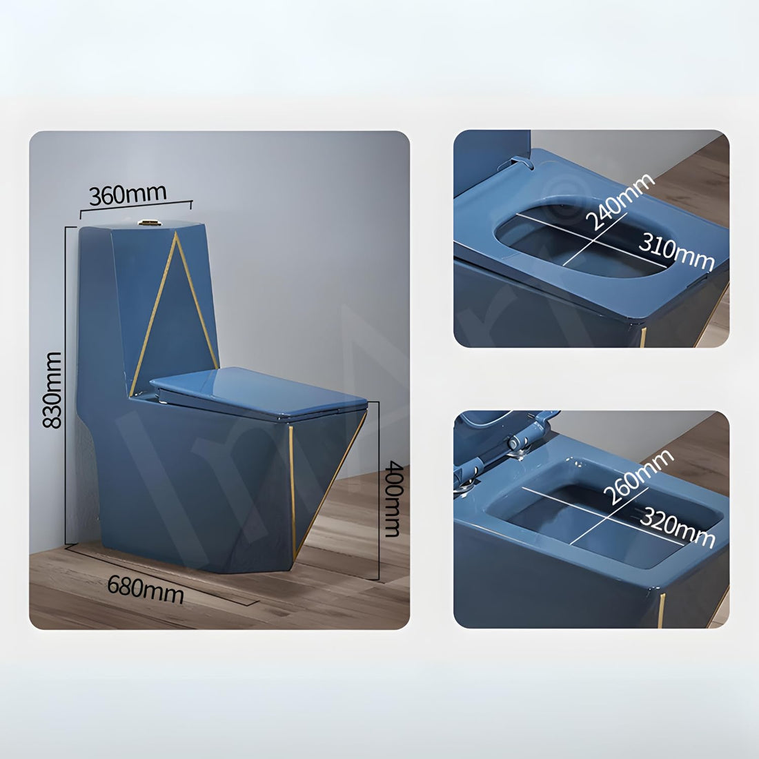 InArt single piece western toilet in glossy blue ceramic, floor mounted one piece EWC with flush tank