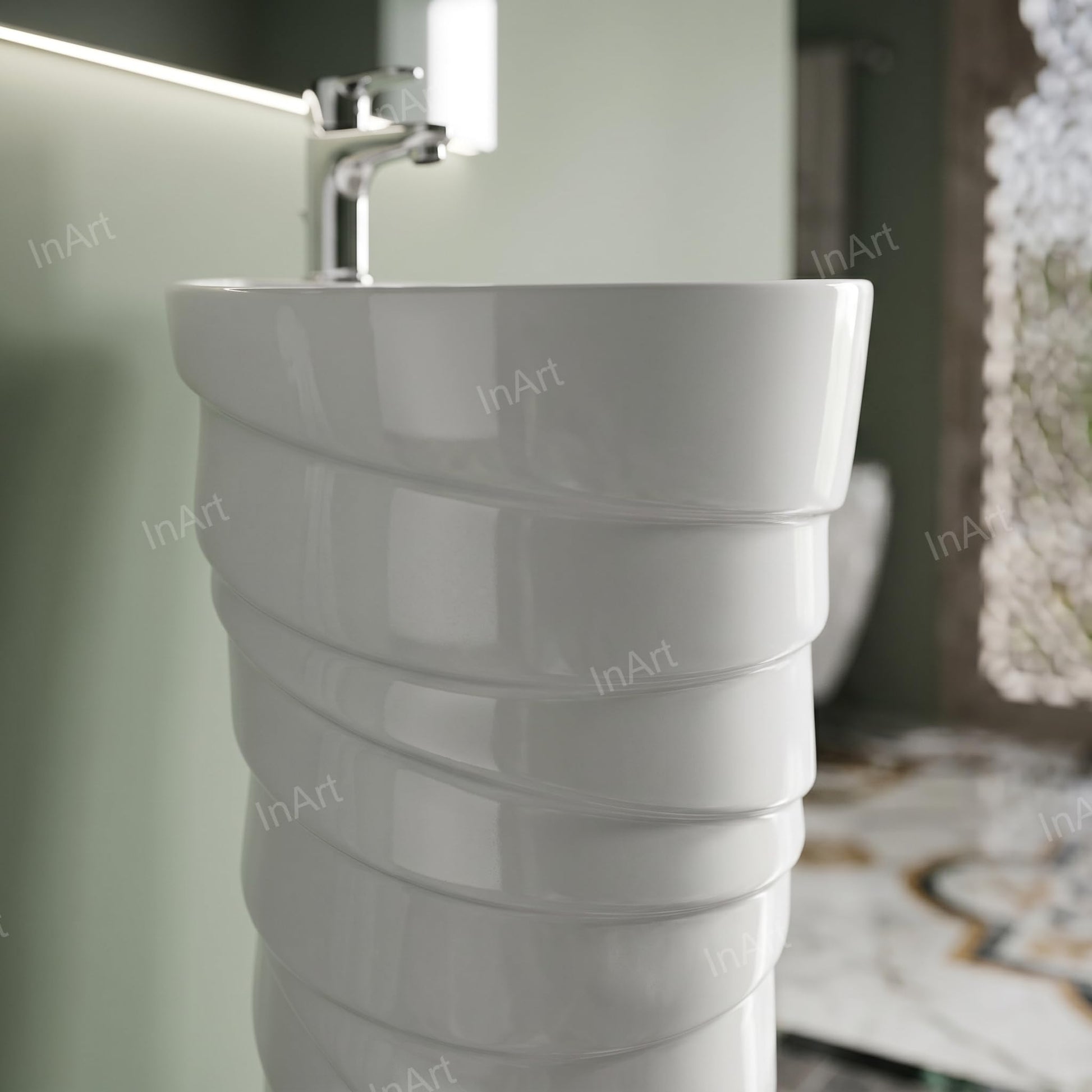 InArt round pedestal wash basin with smooth glossy finish, premium ceramic sanitaryware detail view