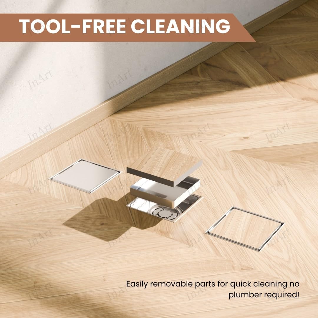 InArt stainless steel invisible floor drain jali installed in bathroom floor, tile insert flush look in silver