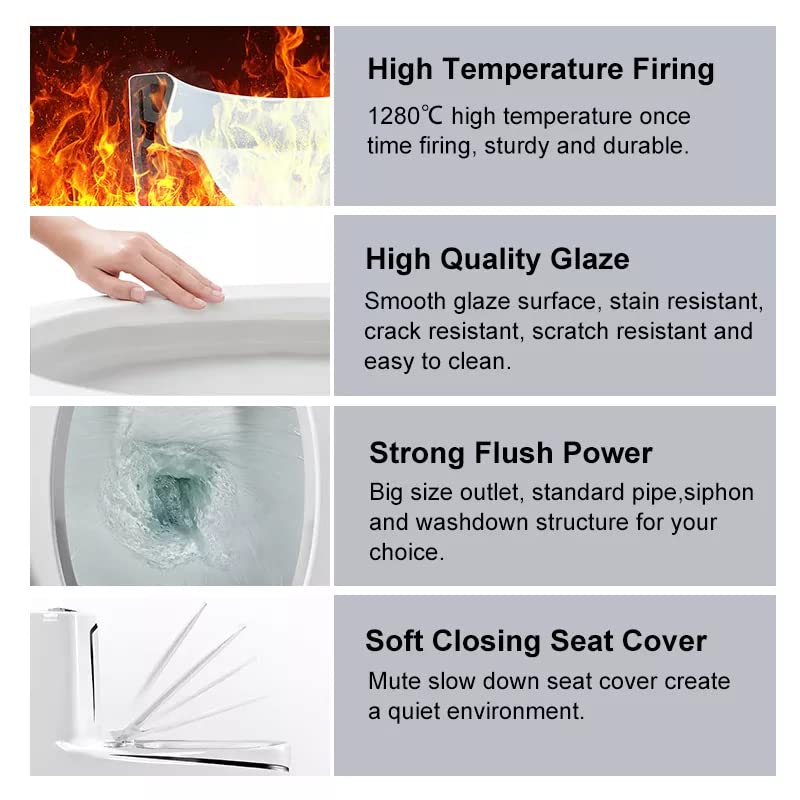 Single piece western toilet in glossy white ceramic with soft close seat, rear angle S-trap water closet