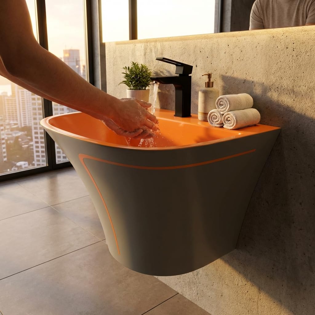 Close-up of slim rim on premium ceramic wash basin, orange grey matt satin finish sanitaryware