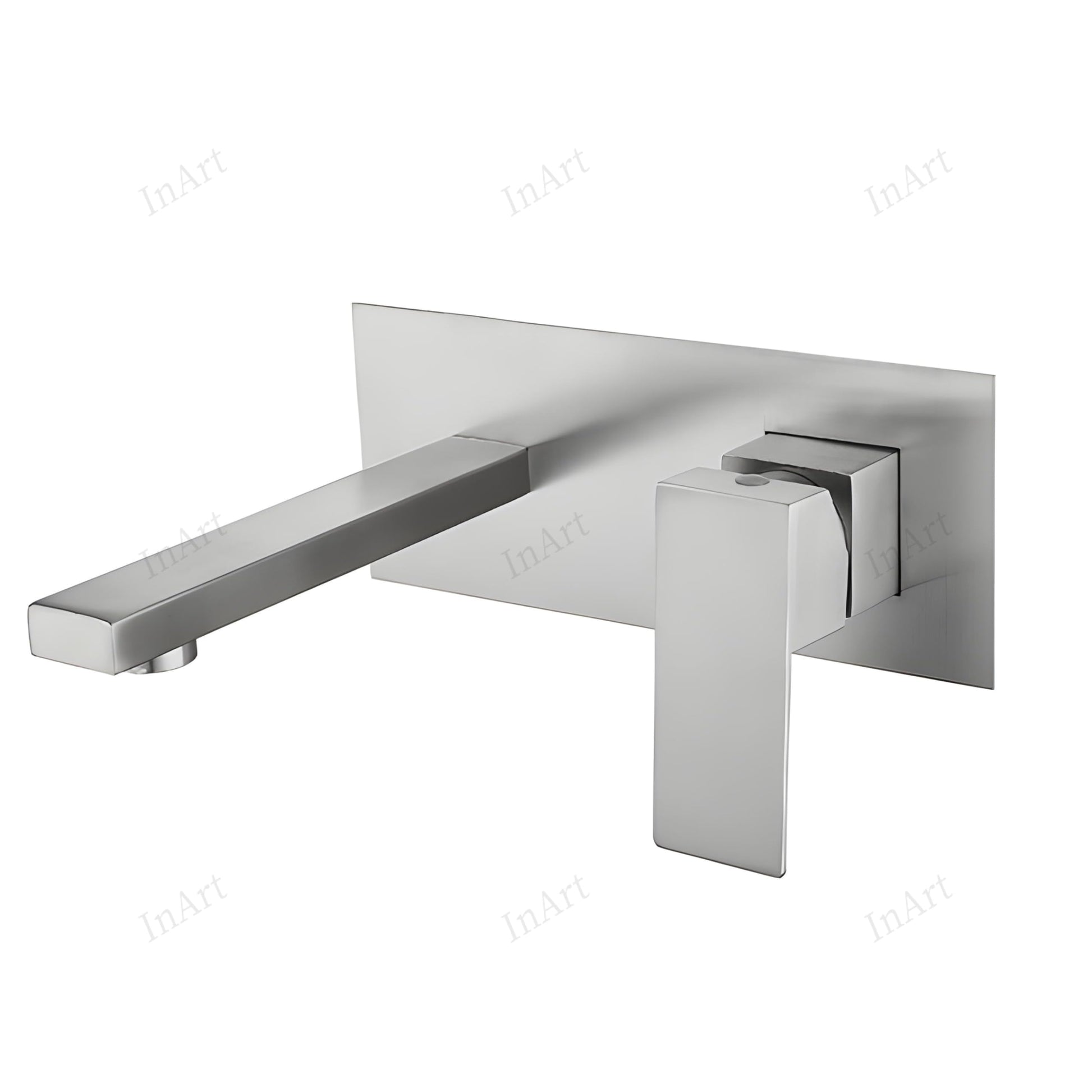 Single lever basin mixer wall mounted in brushed nickel, side angle showing spout and handle