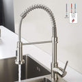 Kitchen sink mixer tap installed on sink with taps, brushed chrome gooseneck mixer for sink in modern kitchen