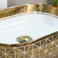 Rectangular ceramic table top wash basin design for bathroom, premium gold finish detail view