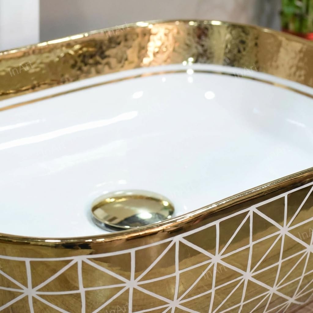 Rectangular ceramic table top wash basin design for bathroom, premium gold finish detail view
