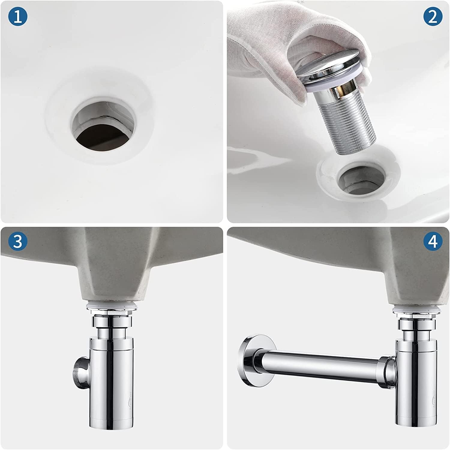 Close-up of chrome plated brass bottle trap threads and seal, basin trap waste for wash basin drain