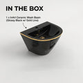 Small bathroom floating sink style wall hung half pedestal wash basin, rectangular black with gold line