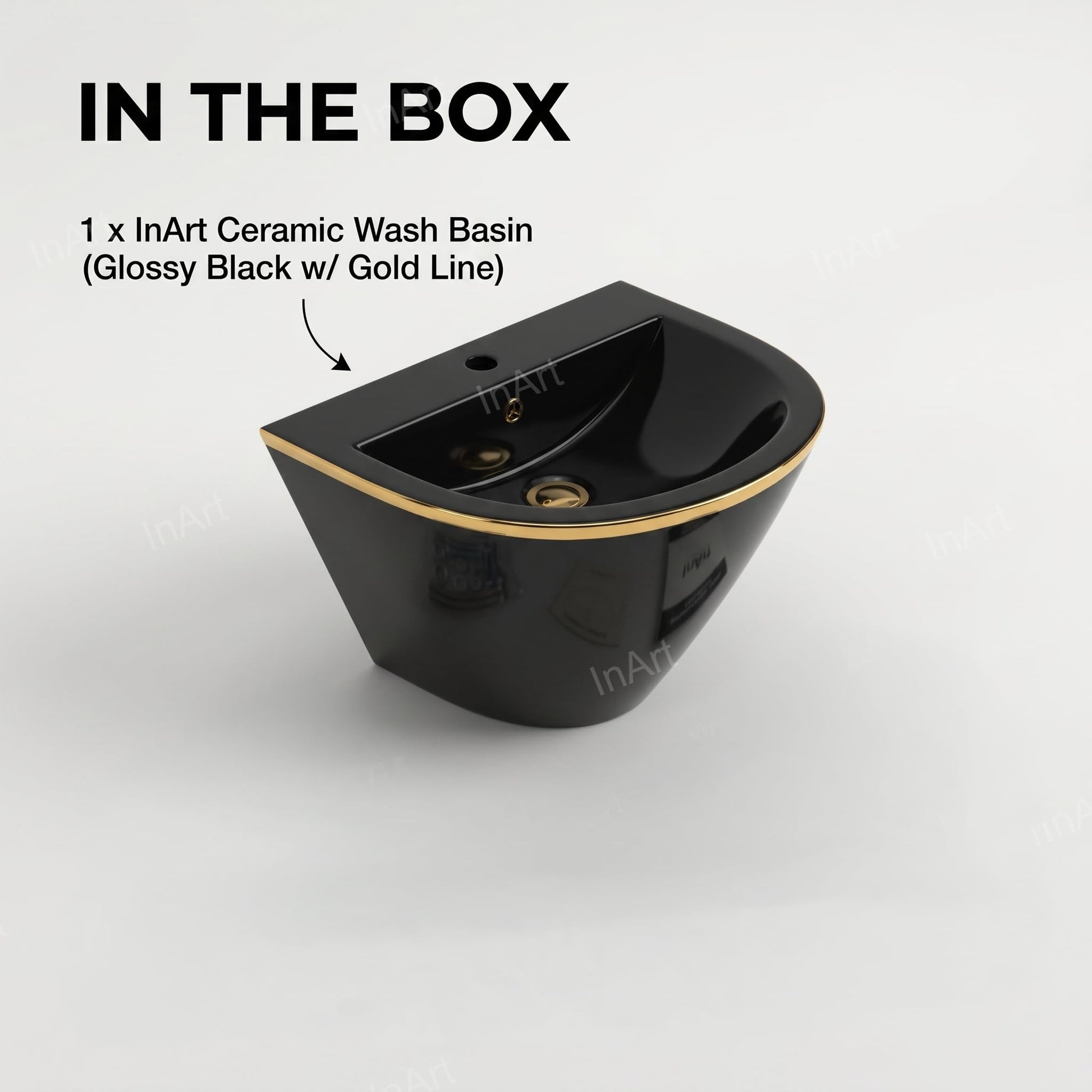 Small bathroom floating sink style wall hung half pedestal wash basin, rectangular black with gold line