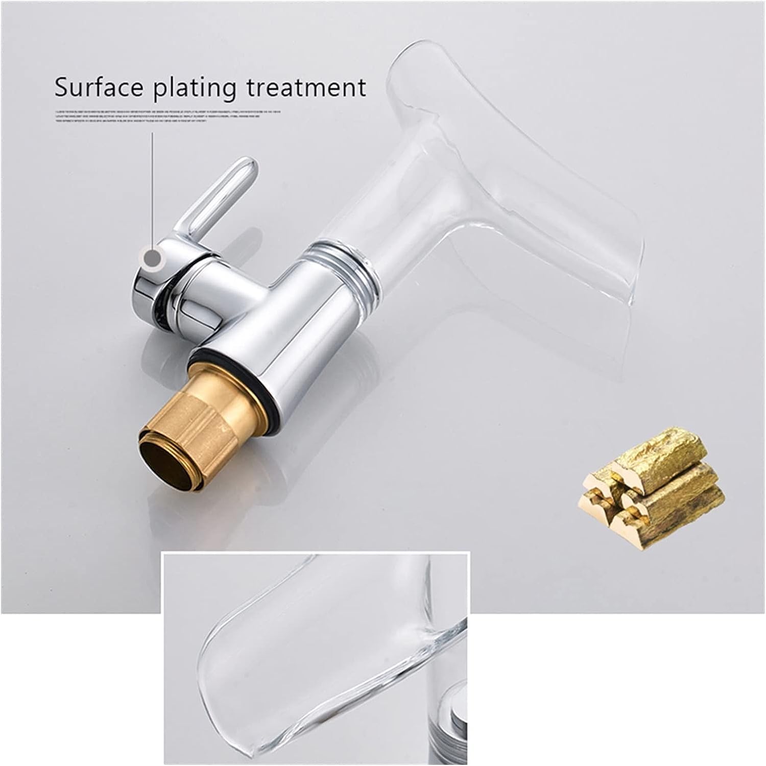 InArt waterfall basin mixer tap with clear glass spout and brass body, designer wash basin fitting