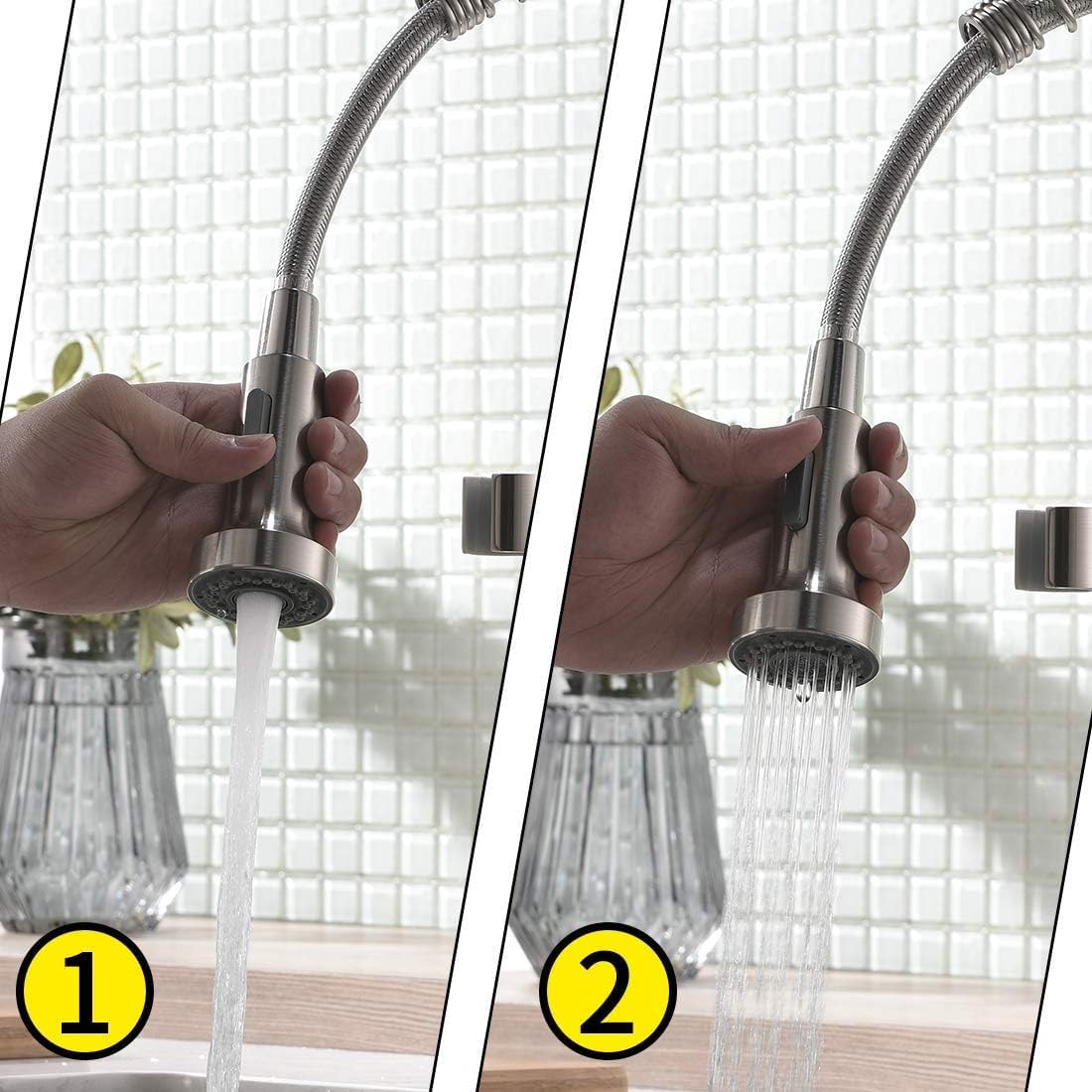 Kitchen sink tap with pull out spray in chrome finish, side angle showing 360° swivel arc spout and hose