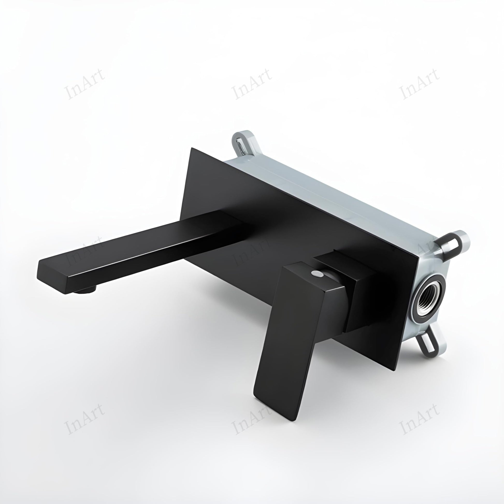 Wall mounted mixer tap in matte black, angled view of single lever basin mixer for wash basin and vanity area